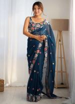 Georgette Navy Blue Party Wear Embroidery Work Saree